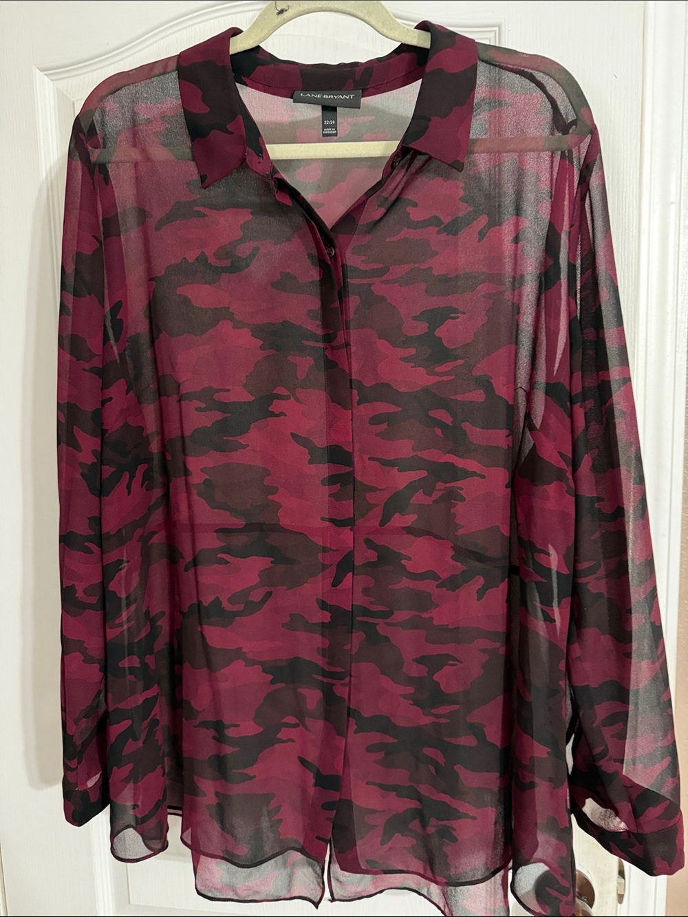 Lane Bryant Burgundy and Black Camo Sheer Blouse